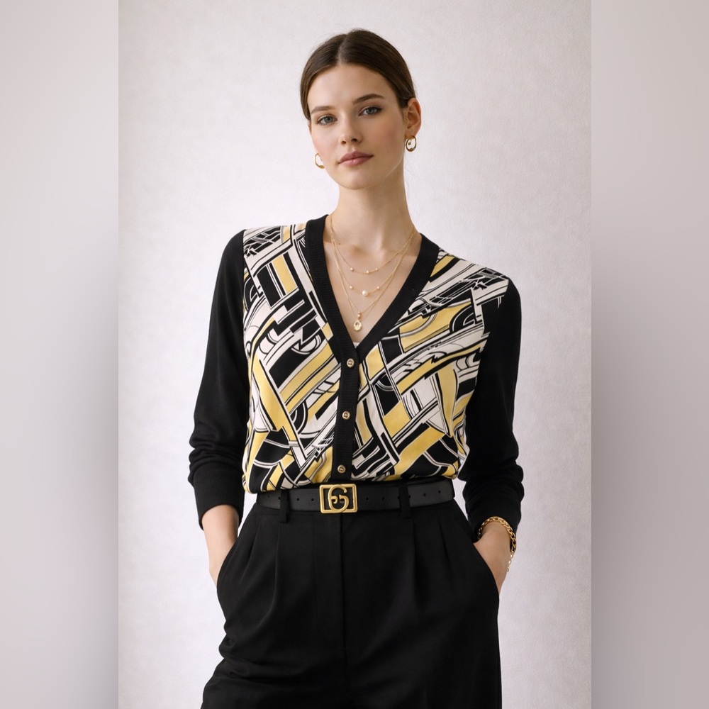 Vintage Escada Graphic Silk-Front Cardigan with Logo Buttons | Size 34
